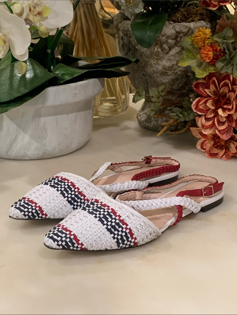 J. Crew Pointed Toe Leather Woven Ankle Strap Mule Flats Size 10.5